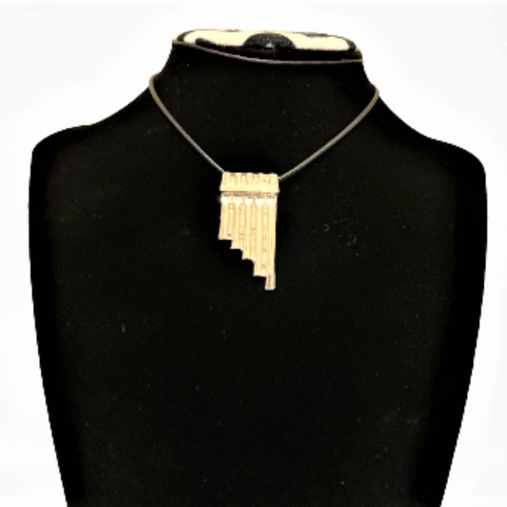 Flute  Necklace Silver and Black Cord